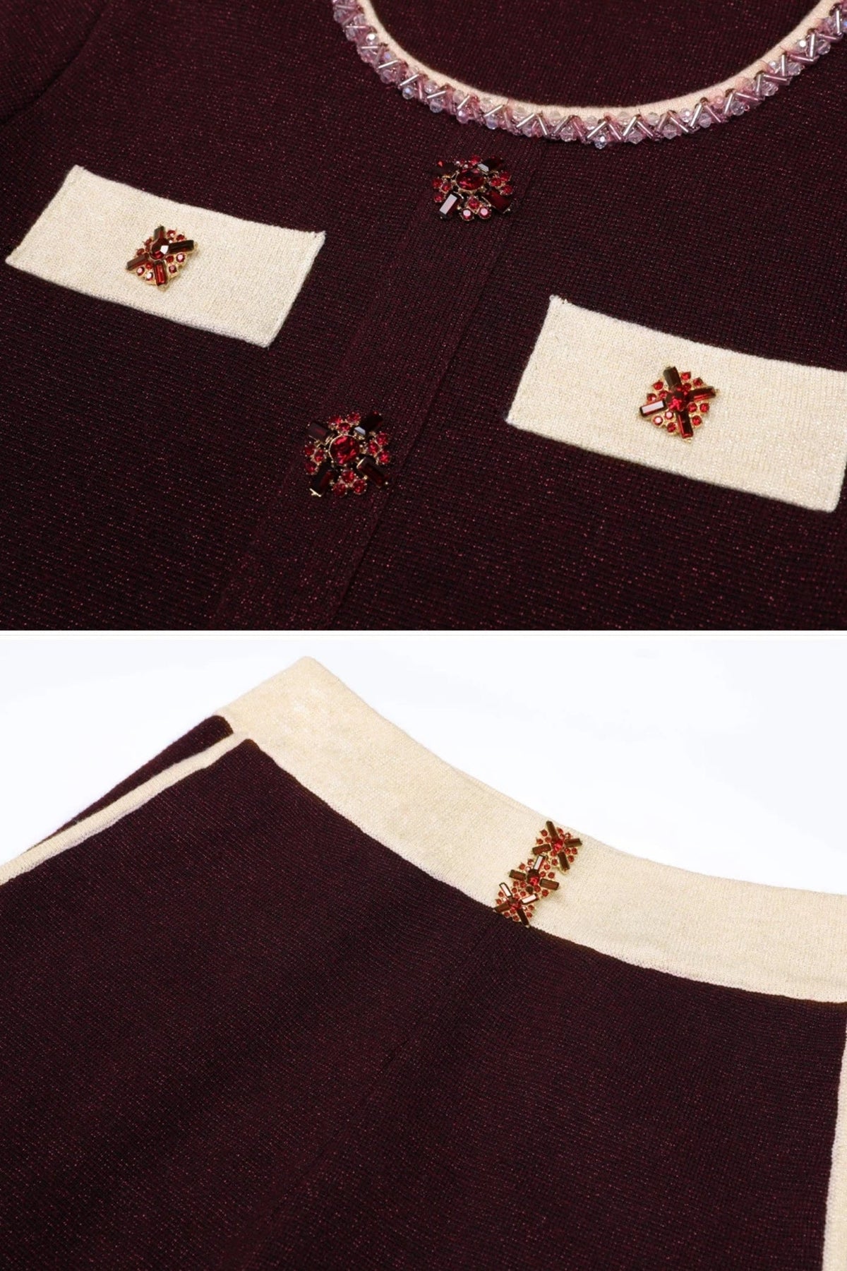 Cropped Knit Cardigan and Wide Leg Trousers Set with Contrast Trim – Burgundy