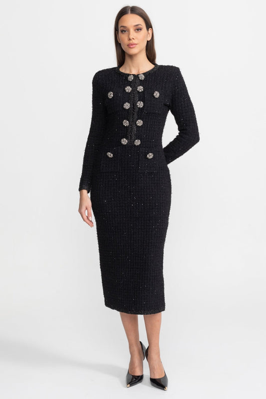 Long Sleeve Tweed Midi Dress with Crystal Buttons – Black – view 2