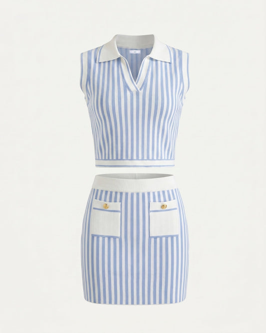 Knitted Polo Vest and Tailored Short Skirt Two-Piece Set – Blue Stripe