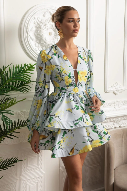 Watercolour Floral V-Neck Volume Sleeve Peplum Mini Dress – Sky Blue – view 2