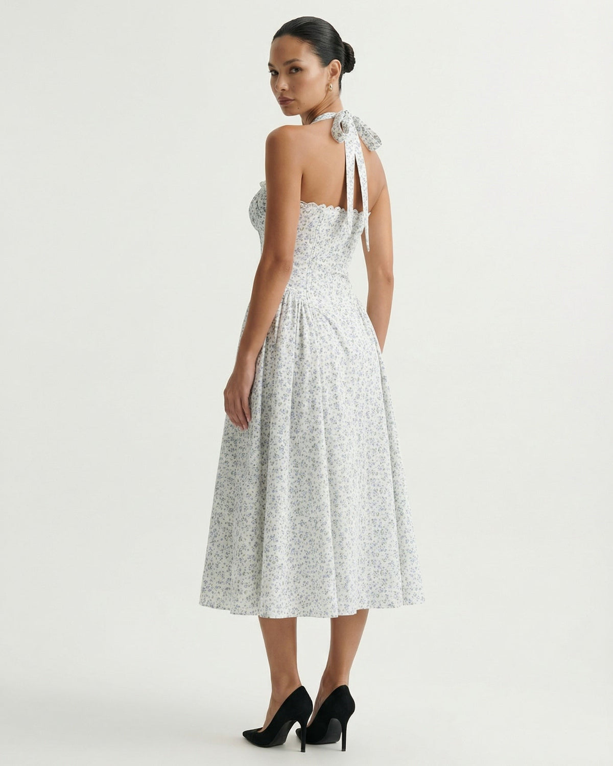Santorini Halter Neck Contoured Stretch Dress – Small Blue Flowers on White – view 5