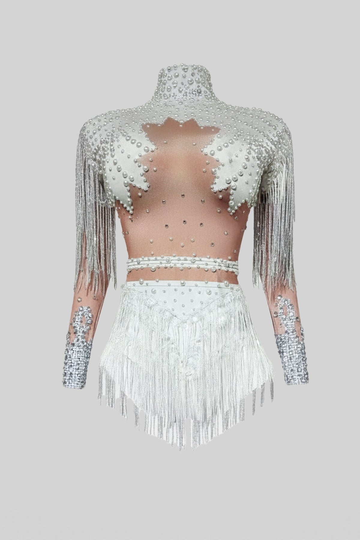 High Neck Sequin and Crystal Fringed Bodysuit – White