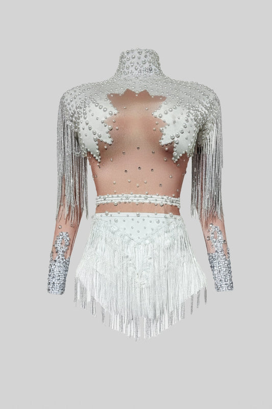 High Neck Sequin and Crystal Fringed Bodysuit – White