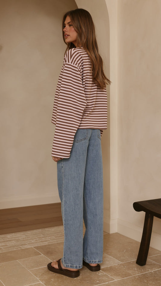 Solana Crew Neck Relaxed Fit Long Sleeve Top – Pink/Choc Stripe – view 2