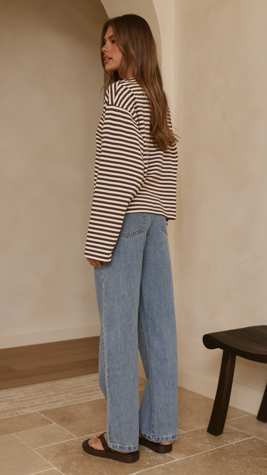 Solana Relaxed Fit Long Sleeve Crew Neck Top – Choc/White Stripe – view 2