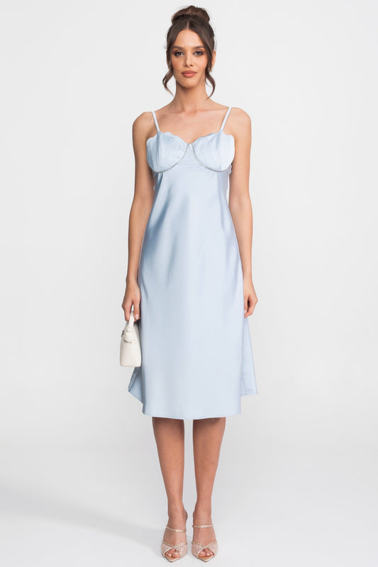 Satin Slip Midi Dress with Sweetheart Bustier Bodice – Light Blue – view 2