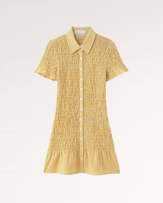 Napoli Pleated Plaid Short Sleeve A-Line Dress – Yellow