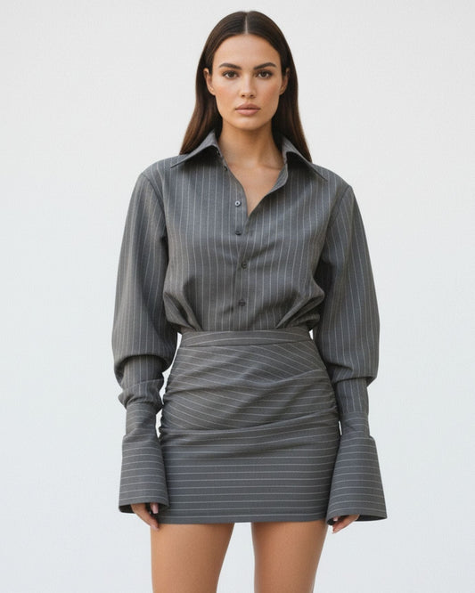 Bellice Striped Bouclé Knit Top and Skirt Two-Piece Set – Dark Grey – view 2