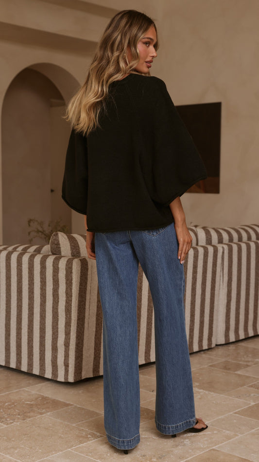 Paisley Ribbed V Neck Bat Sleeve Boxy Knit Top – Black – view 2
