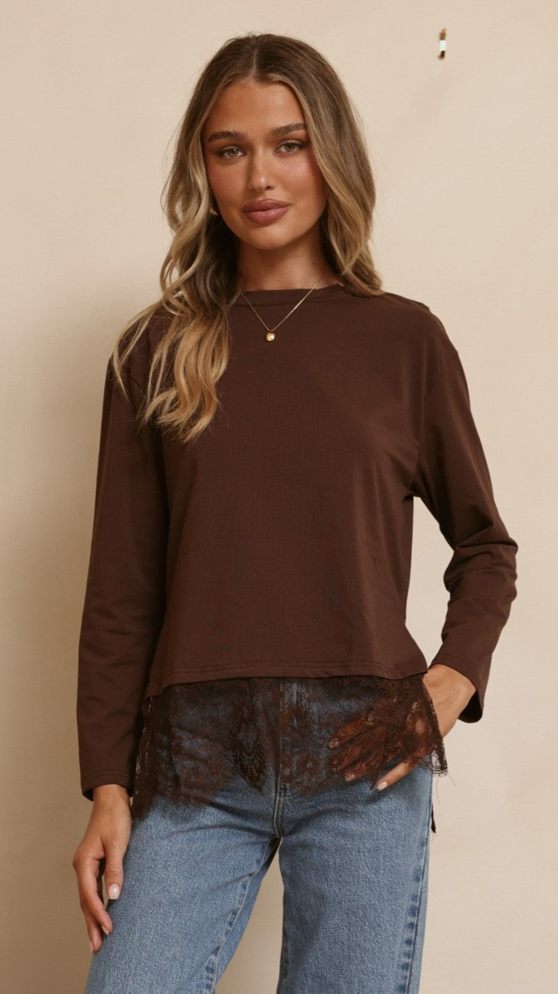 Alina Boxy Long Sleeve Cotton Top with Lace Hem – Chocolate