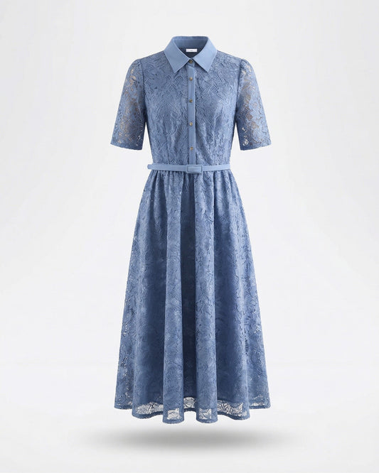 Retro Embroidered High Waisted Polyamide Dress – Blue