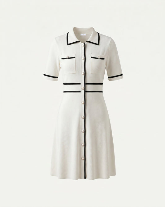 Old Money Knitted Polo Collar Tailored Dress – White