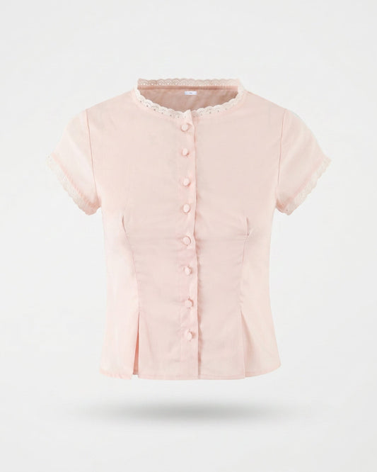 Round Neck Lace Shirt with Tailored Silhouette – Pink