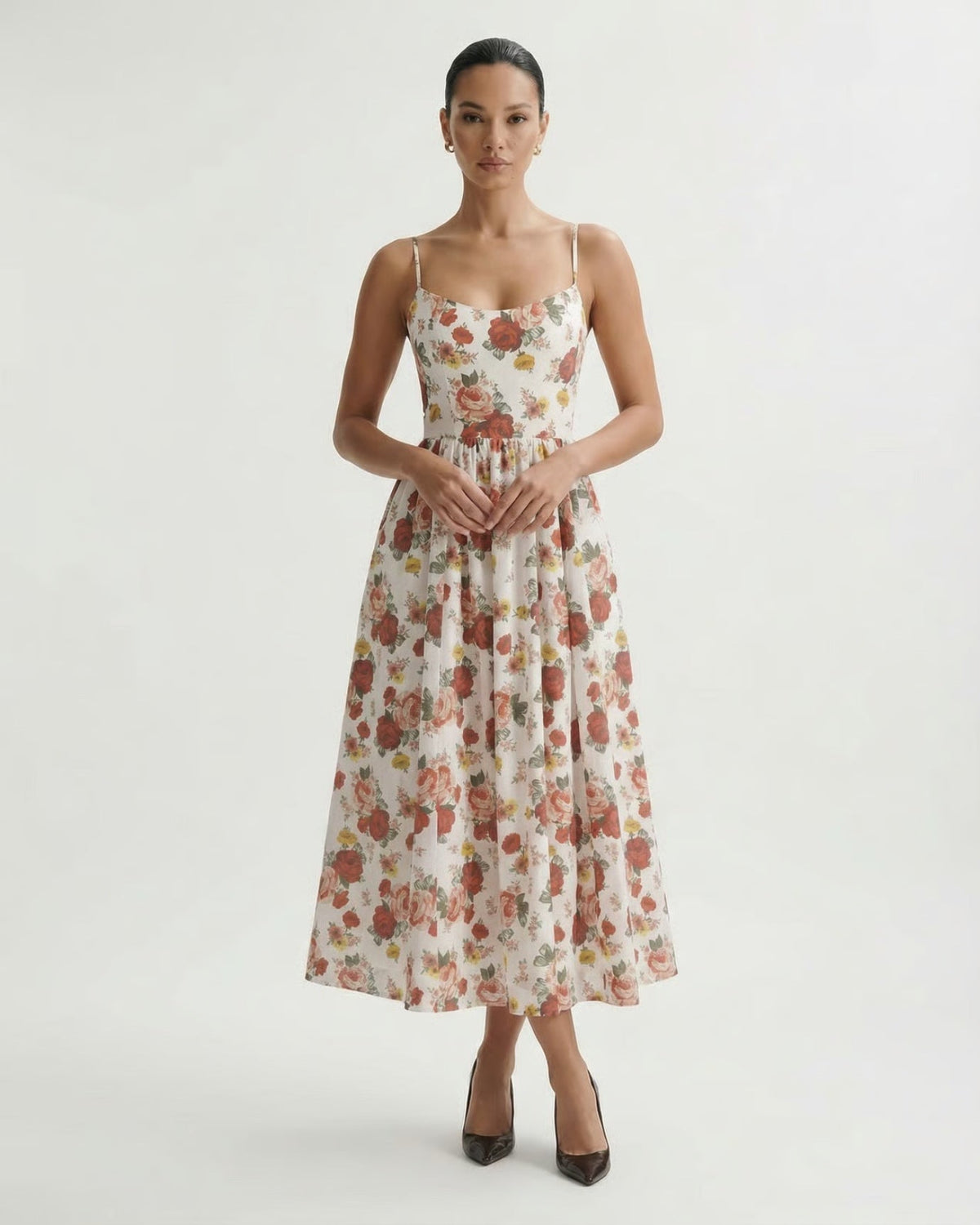 Mira Border Detail Cotton Blend Printed Dress – Red Floral on White – view 6