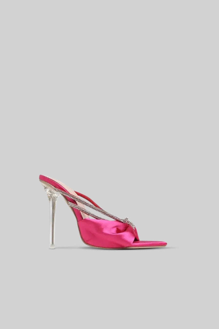 Embellished Satin Ribbon Sandals with Transparent 11cm Heel – Fuchsia