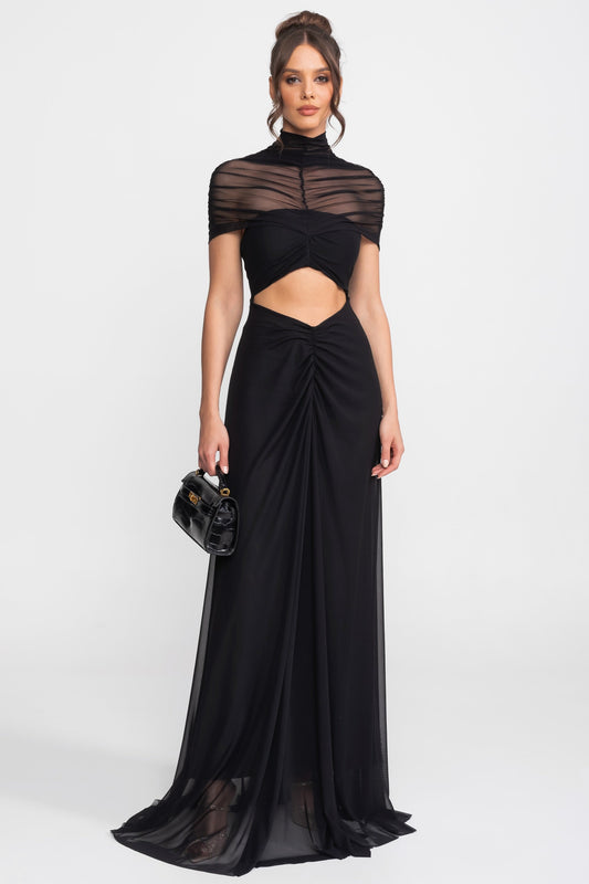 Ruched Off-the-Shoulder Cape Maxi Dress with Cut-Out Waist – Black – view 2
