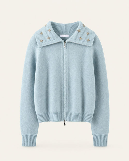 Lina Beaded and Embroidered Cashmere Zip Cardigan with Lapel Collar