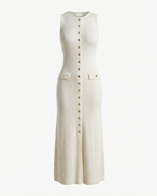 Old Money Form-Skimming Knitted Wool Blend Dress – Apricot