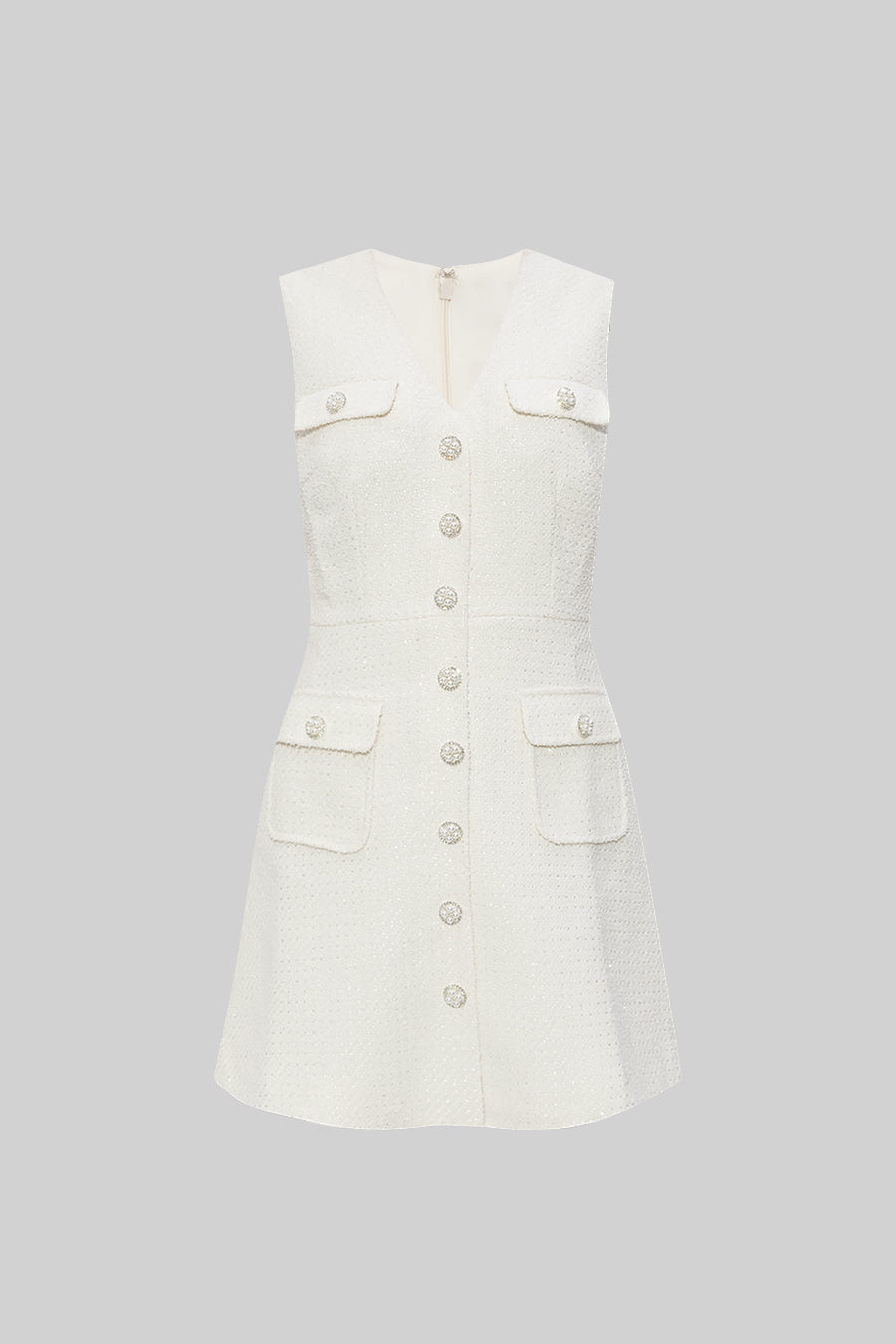 Sleeveless Textured V-Neck Dress with Pearl Buttons – White – view 20
