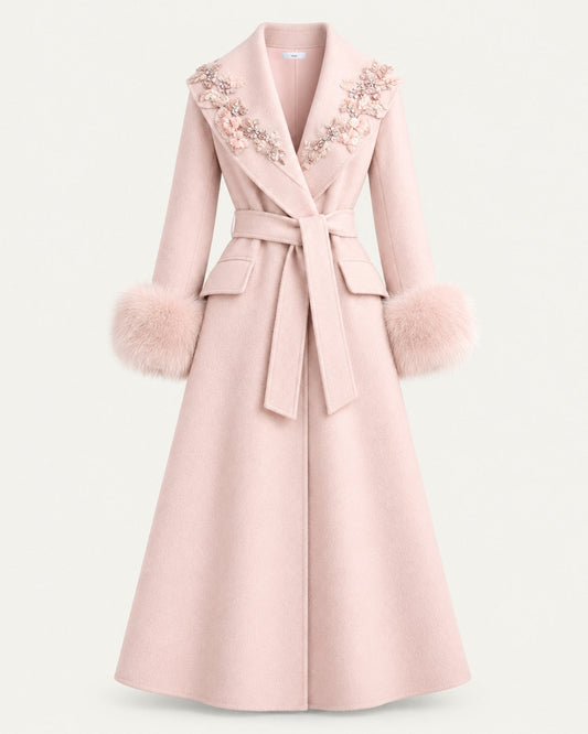 Hamptons Long Wool Cashmere Coat with Embellished Collar