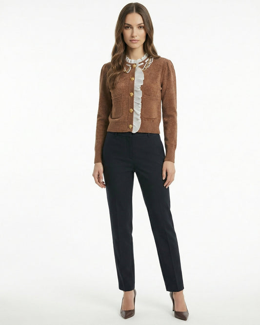 Pearl Button Wool Blend Cardigan with Contrast Stitching
