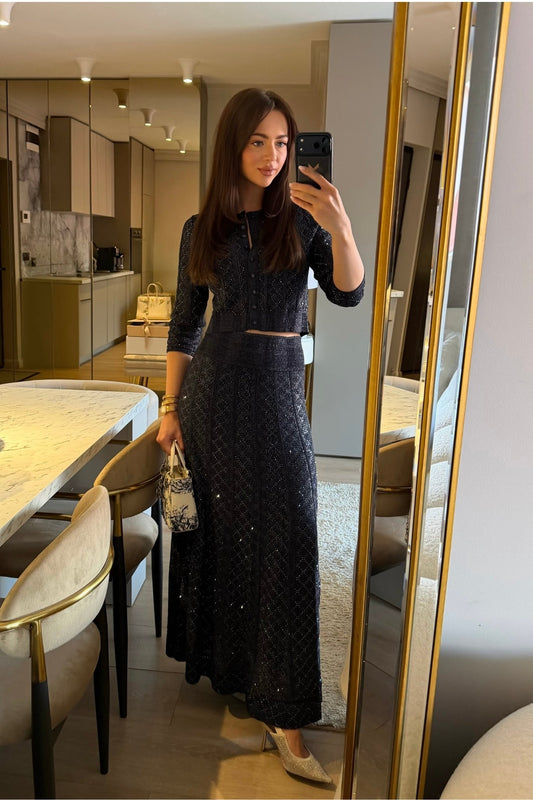 Diamond Pattern Lace Cropped Top and Maxi Skirt Co-ord Set – Navy – view 2