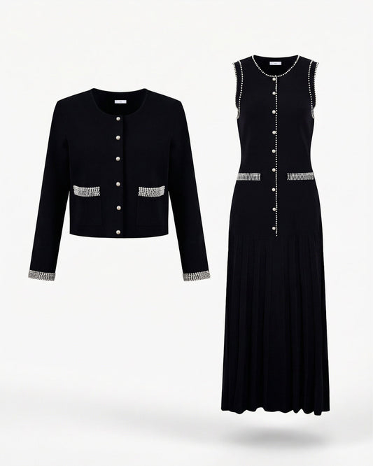 Lina Pearl Stud Knit Cardigan and Dress Two-Piece Set – Black