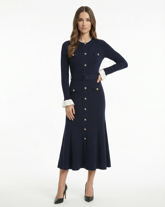 Paris-Inspired Long Sleeve Acrylic Blend Midi Dress with Belt