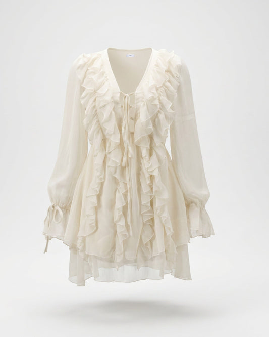 Ruffled Tie Neckline Tailored Day Dress – Apricot