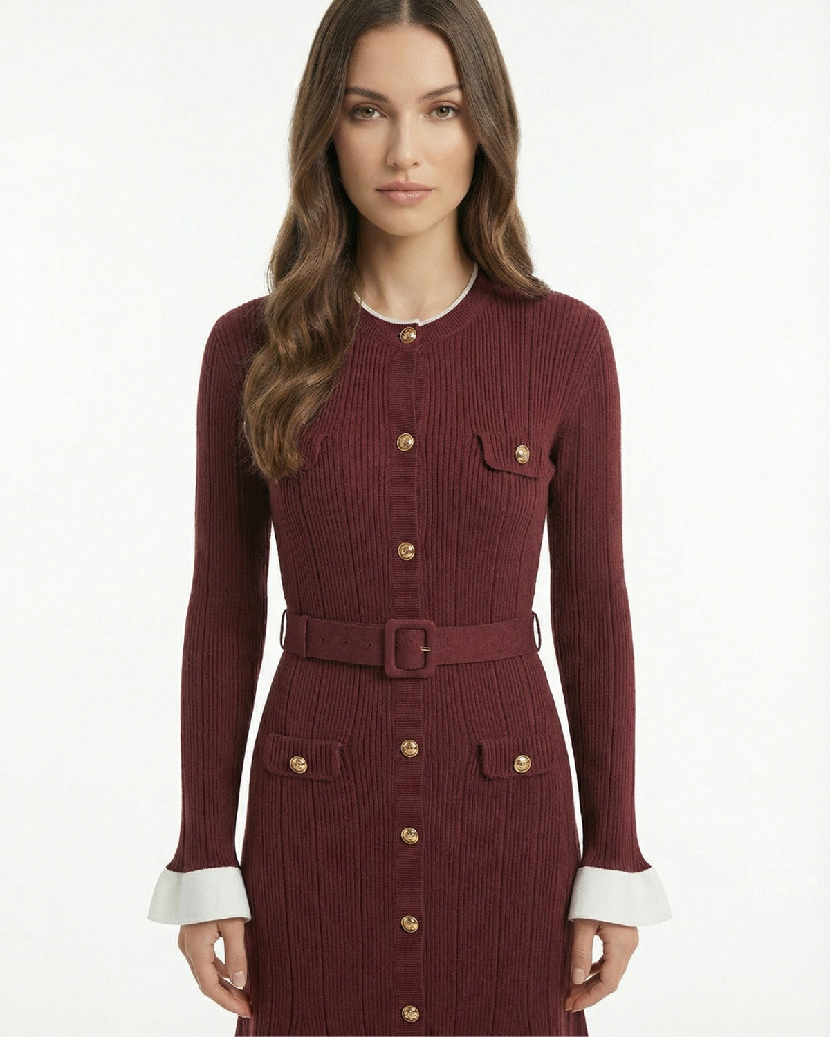 Paris-Inspired Long Sleeve Acrylic Blend Midi Dress with Belt