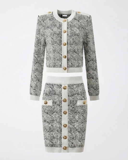 Mandelieur Colour Block Short Cardigan Jacket and Pencil Skirt Set