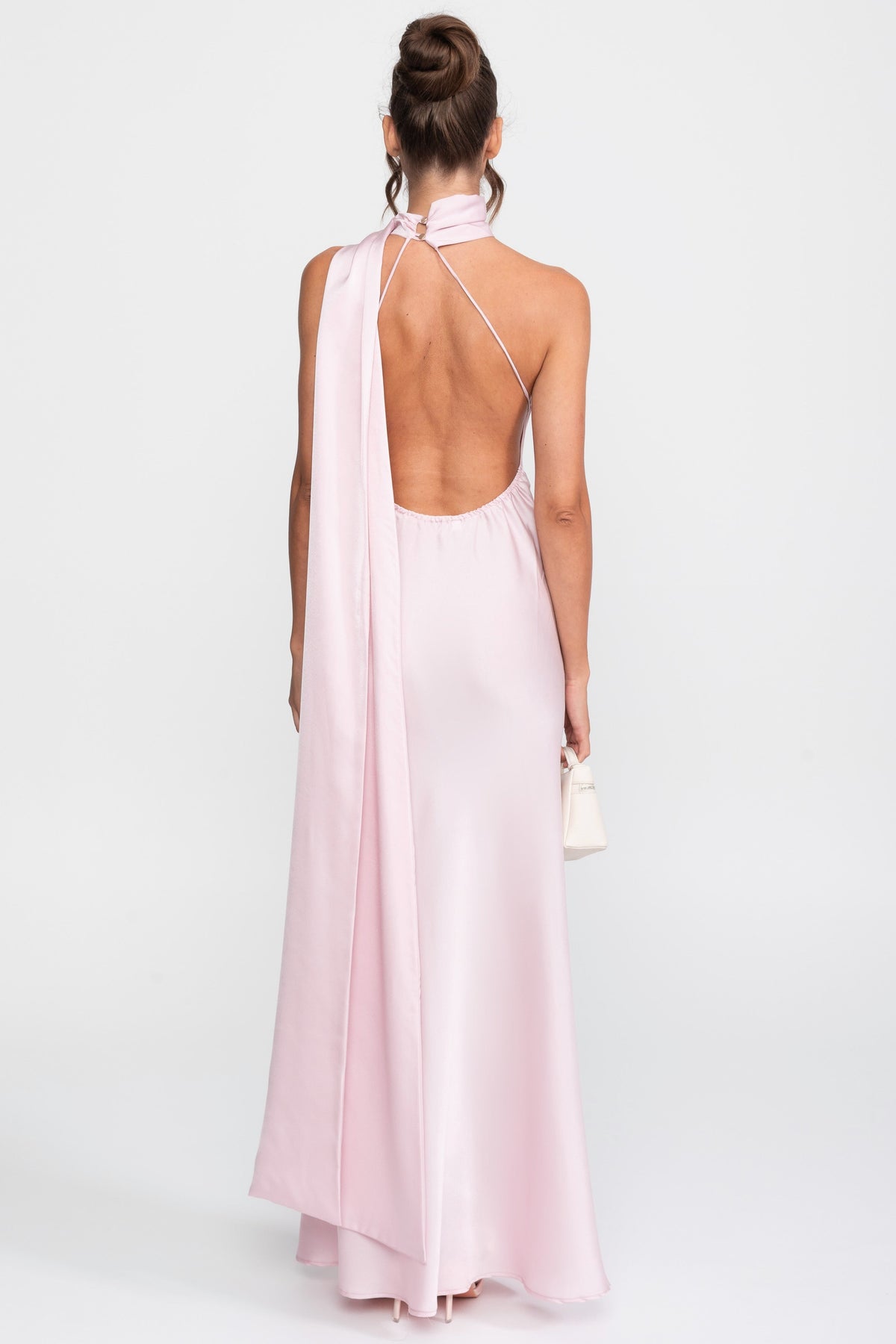 Twist Halter Satin Slip Dress with Asymmetric Neckline – Pink – view 5