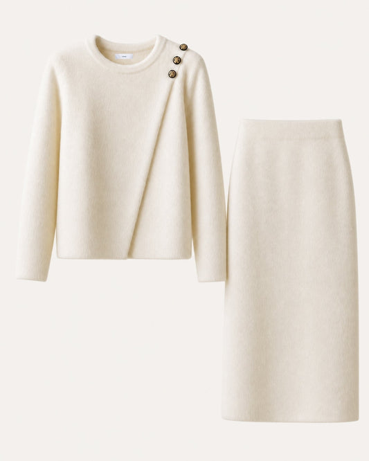 Asymmetric Patchwork Long Sleeve Knit Top and Skirt Set – White