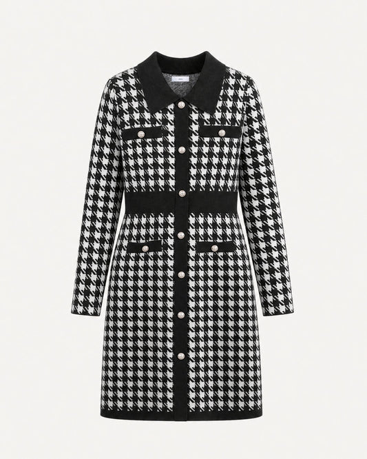 Jacquard Jersey Long Sleeve A-Line Midi Dress – Black Houndstooth