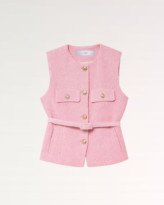 Lucy Textured Sleeveless Collared Shirt with Curved Hem – Pink