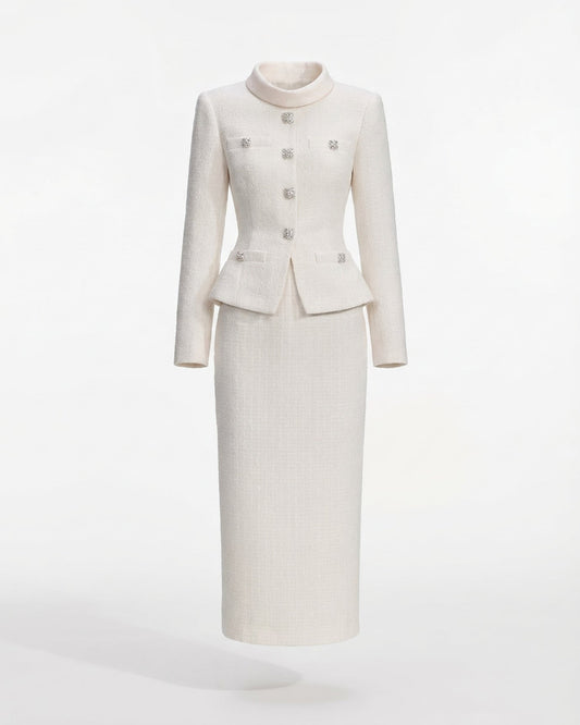 Textured Two-Piece Set with Embellished Collar and Waist – White
