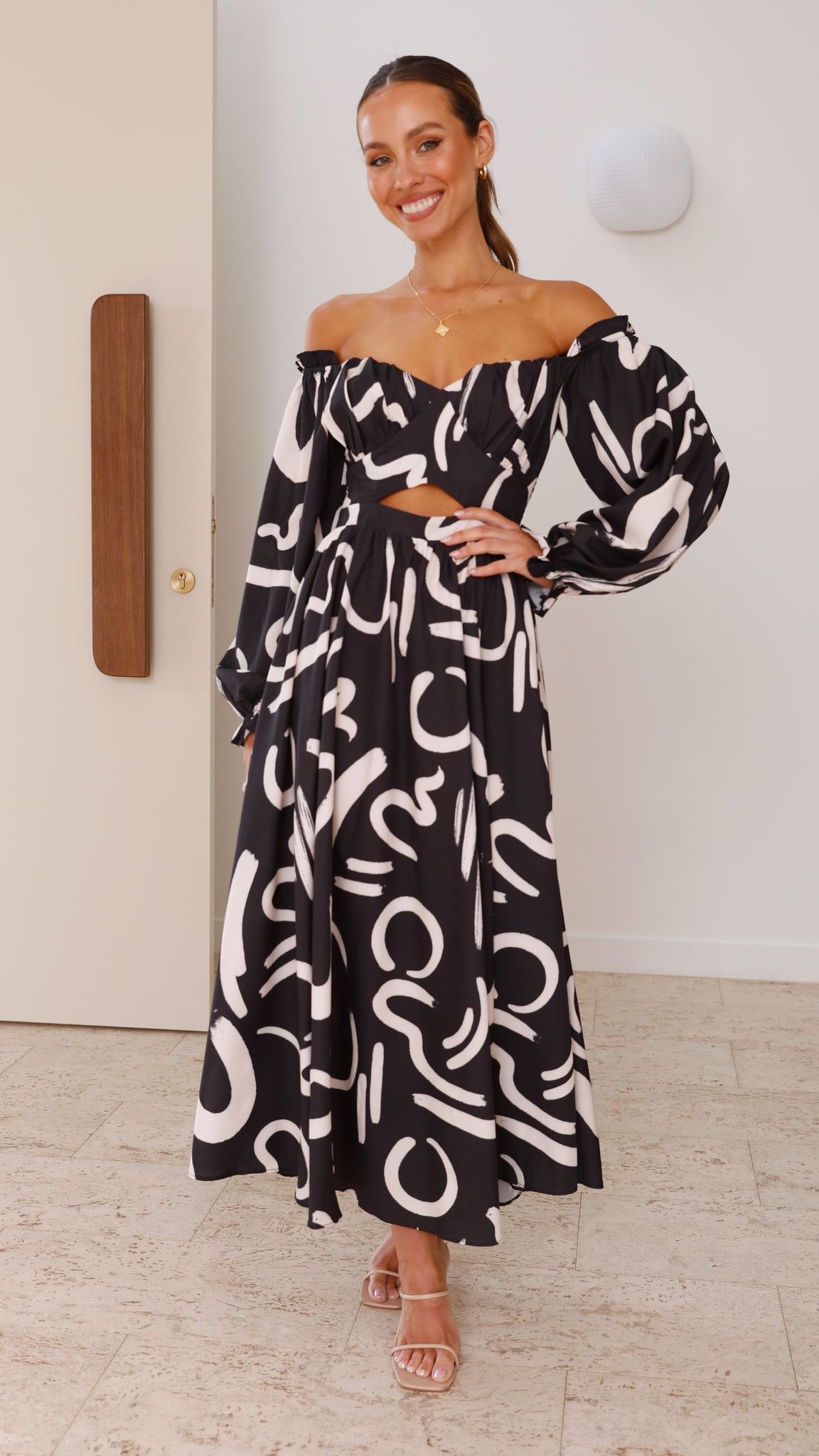 Freya Balloon Sleeve Cut-Out Waist Maxi Dress with Side Slit – Black/Beige