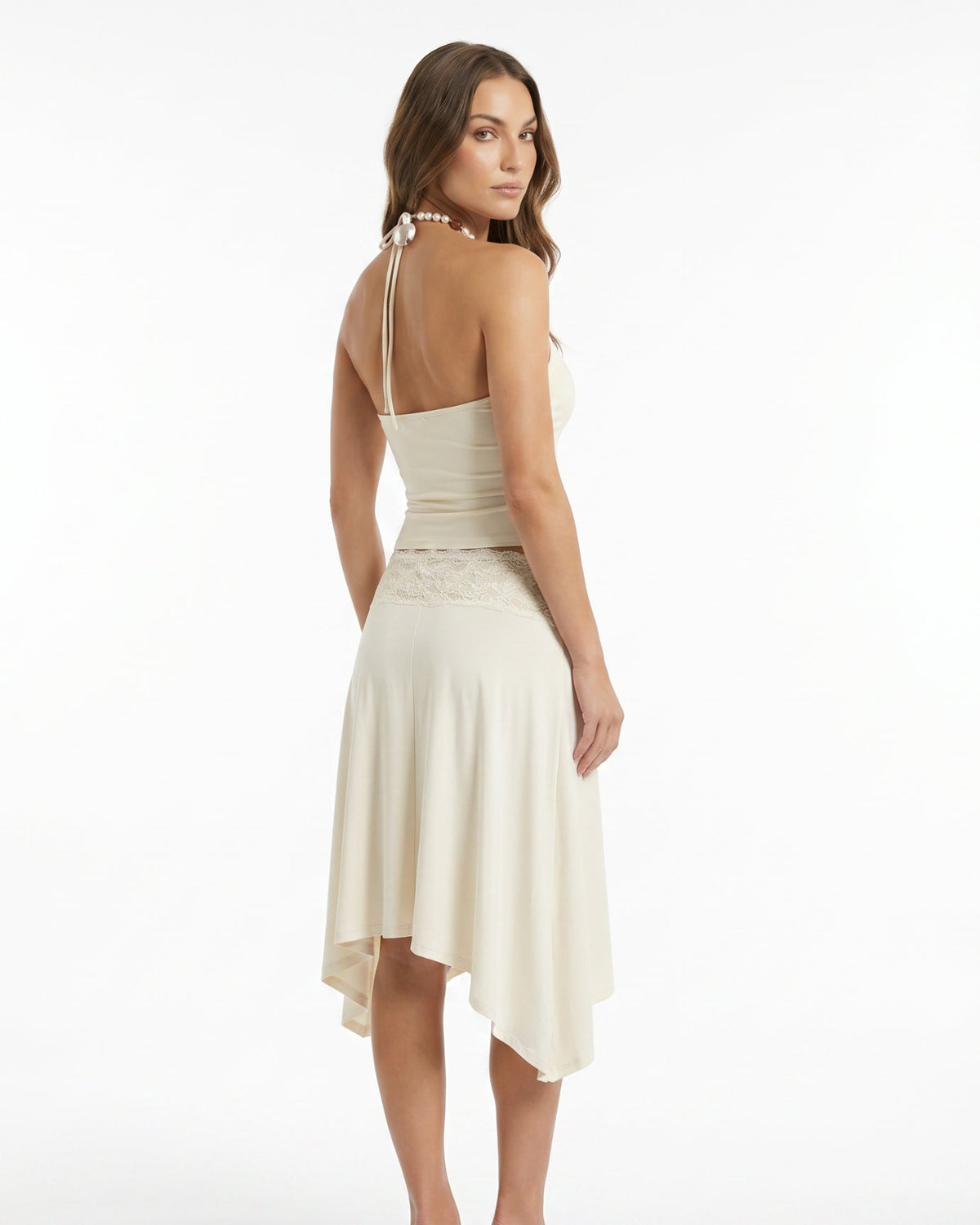 Mary Retro Lace Panelled Top and Skirt Set – White