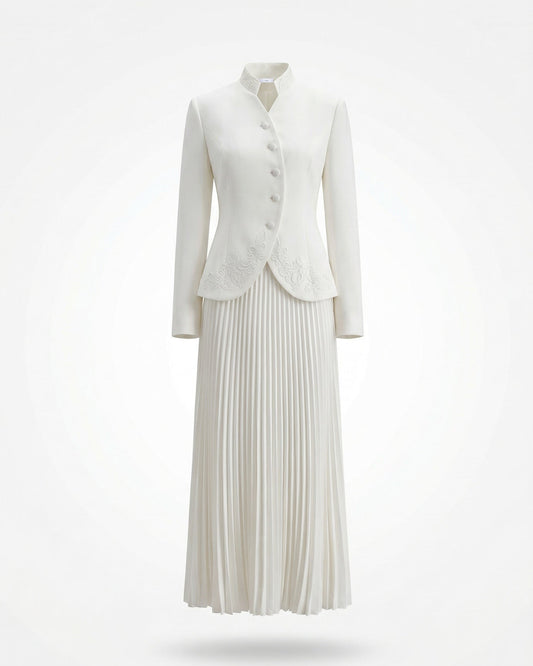 Structured Jacket and Pleated High Waisted Skirt Suit Set – White