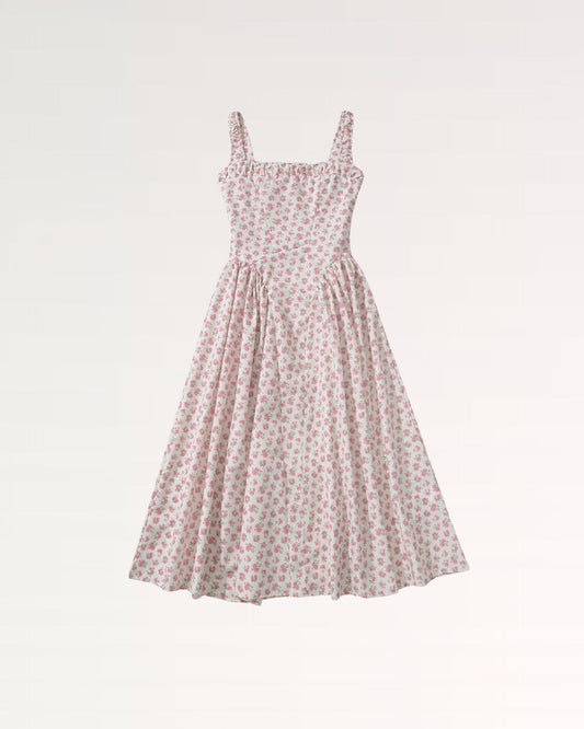 Square Neck Puff Sleeve Midi Dress with Alpine Floral Print