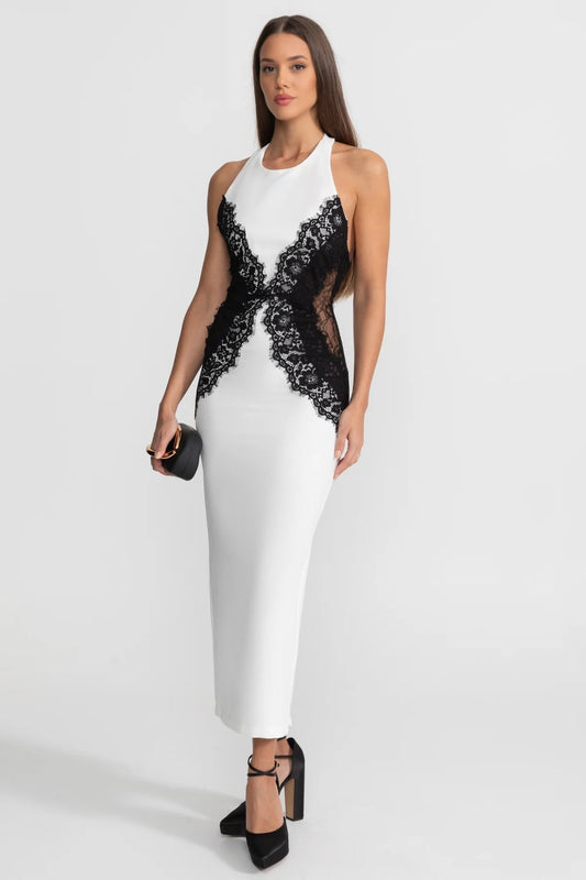 Halter Plunge Neck Maxi Dress with Black Lace Appliqués – White – view 2