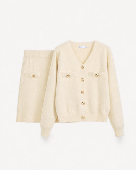 Slim Fit Long Sleeve Patchwork Top and Skirt Set – Apricot