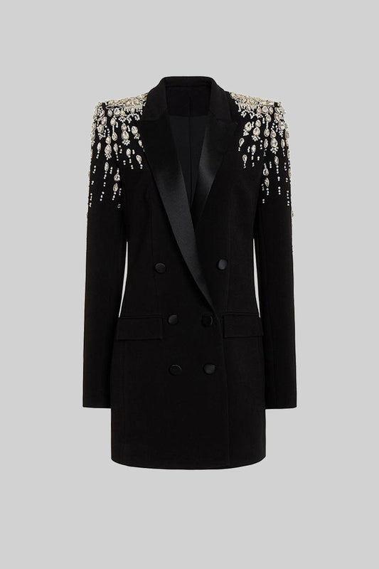 Double-Breasted Blazer with Embellished Shoulders and Satin Lapels – Black – view 2