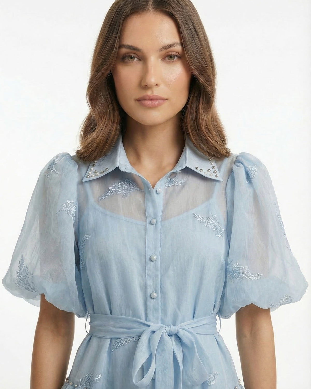 Embroidered Maxi Dress with Lapel Collar and Adjustable Tie Waist – view 12