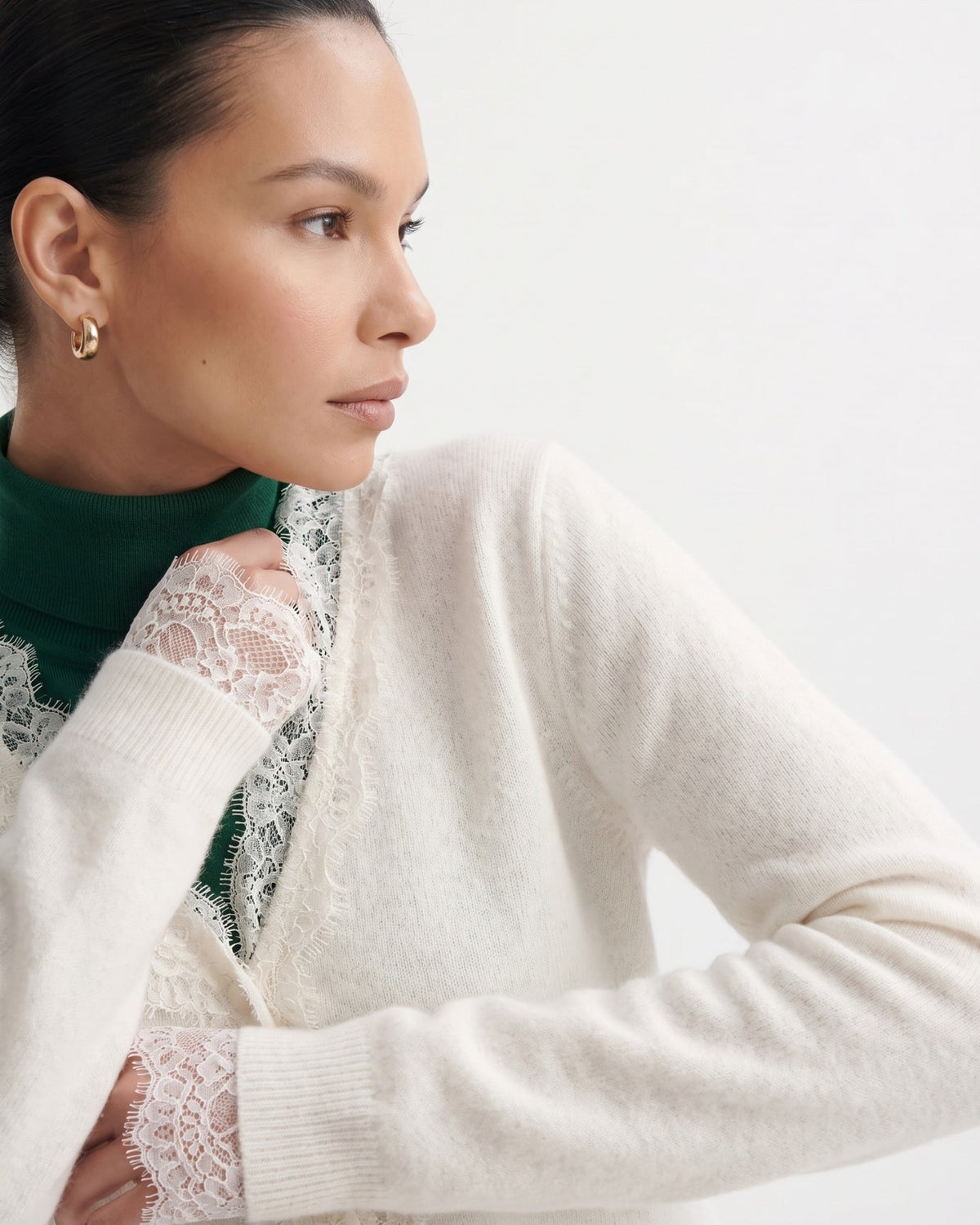 Pure Cashmere Cardigan with Lace Neckline and Cuffs – view 20