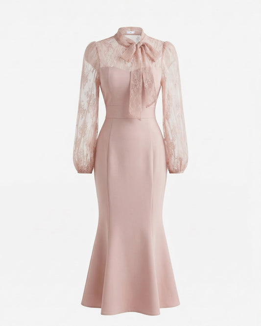 Slim Fit Stretch Lace Panel Dress with Fishtail Skirt
