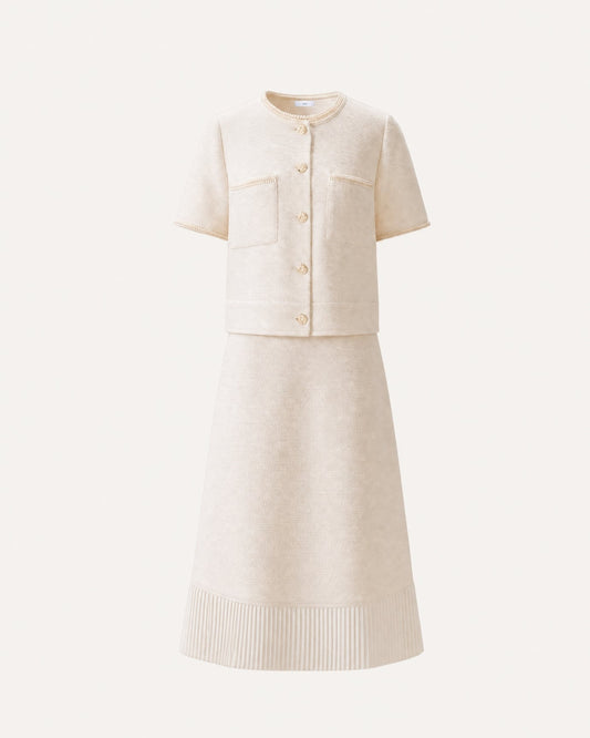 Three-Quarter Sleeve Top and Panelled Pleated Skirt Set – Apricot