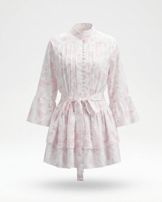 Floral Lace-Up Front A-Line Linen Dress – Pink