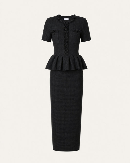 Embellished Short Sleeve Fitted Viscose Knit Midi Dress