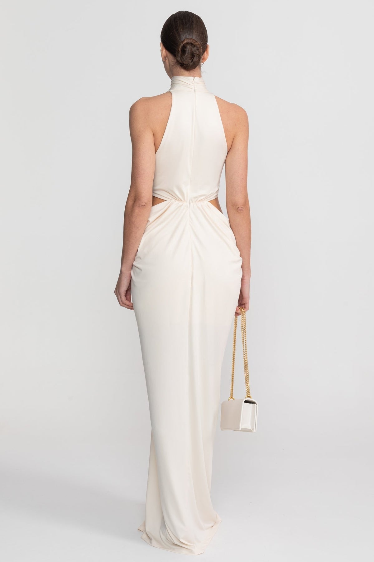 High Neck Halter Jersey Maxi Dress with Knotted Cut-Out Waist – Ivory – view 5